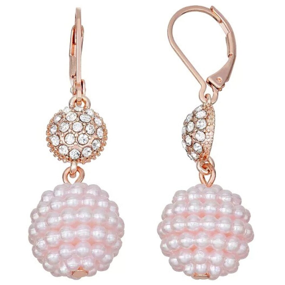 YOU'RE INVITED Romantic Rose Gold Clear Crystal Fireball Pink Pearl Earrings~NEW